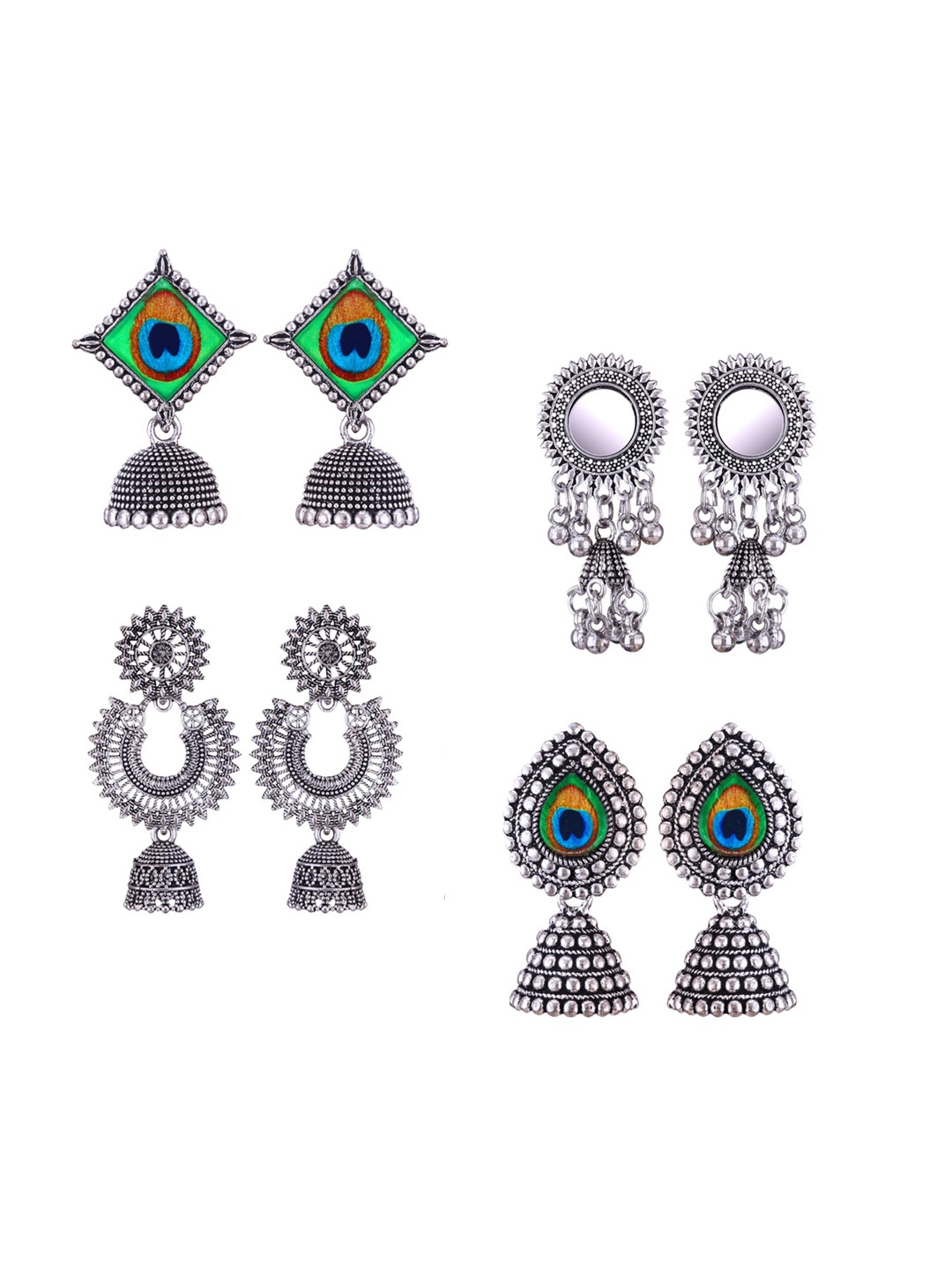 

MEENAZ Set Of 4 Stainless Steel Silver Plated Oxidised Dome Shaped Jhumkas