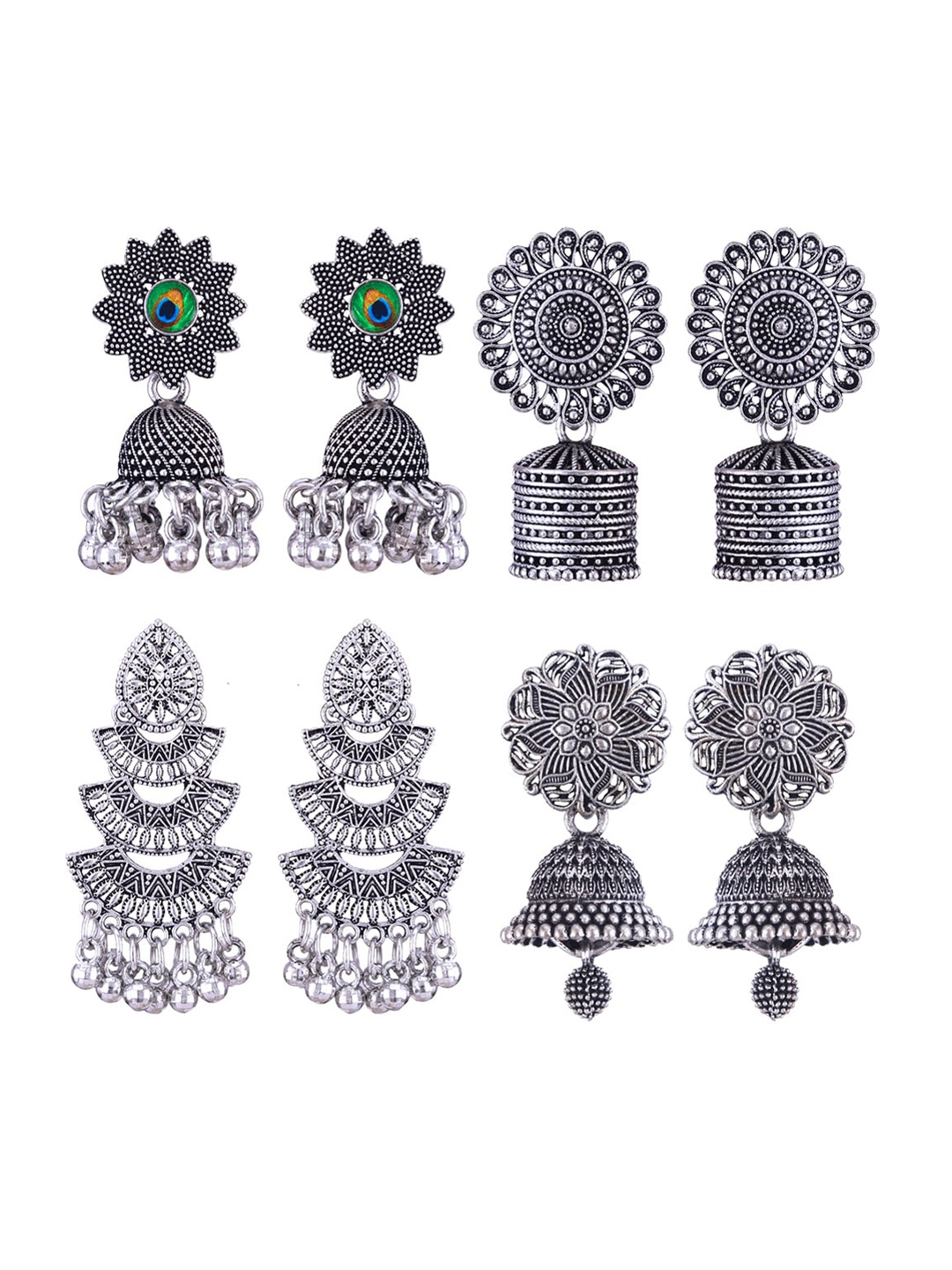

MEENAZ Set Of 4 Silver-Plated Stainless Steel Beads Beaded Enamelled Jhumkas