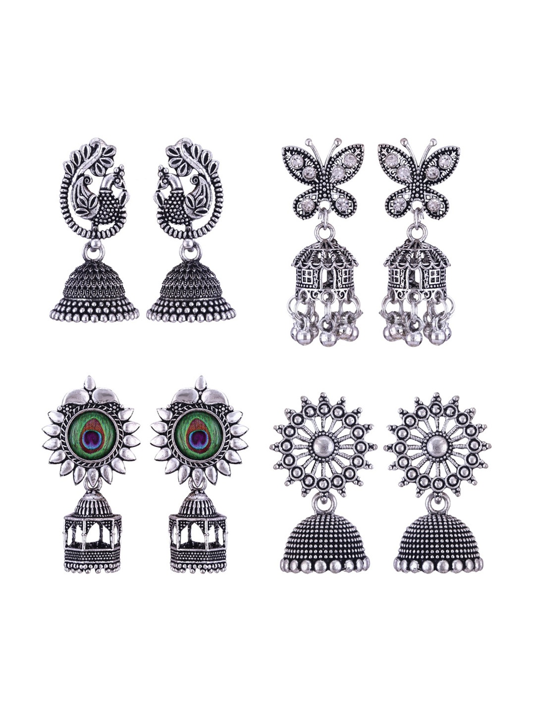 

MEENAZ Set Of 4 Silver Plated Peacock Shaped Jhumkas Earrings