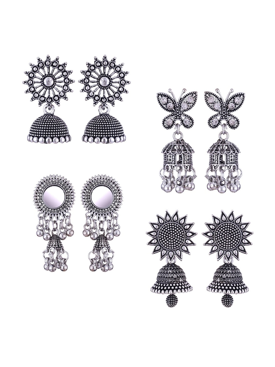 

MEENAZ Set Of 4 Silver Plated Peacock Shaped Jhumkas Earrings