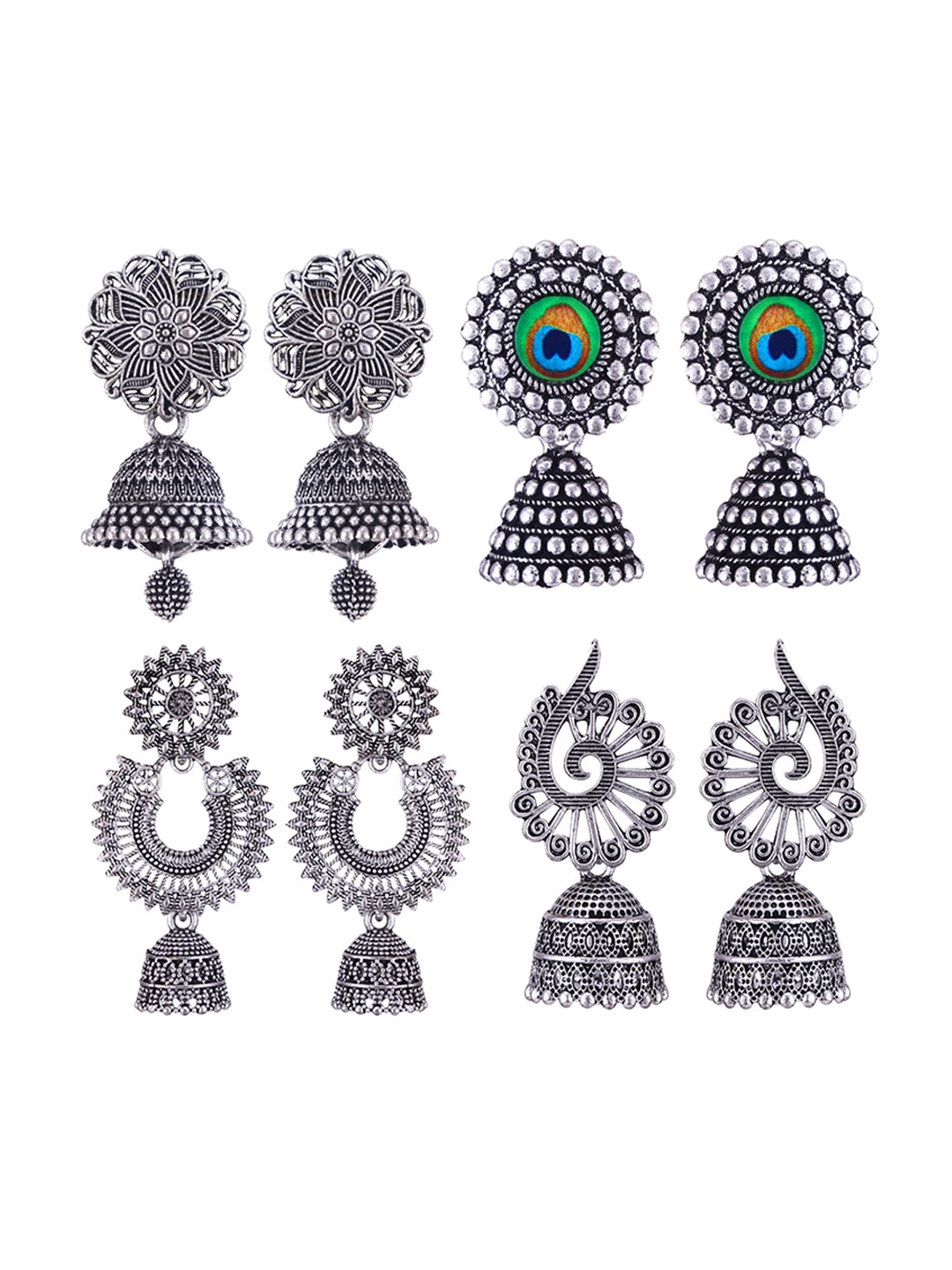 

MEENAZ Set Of 4 Silver-Plated Stainless Steel Peacock Shaped Enamelled Jhumkas