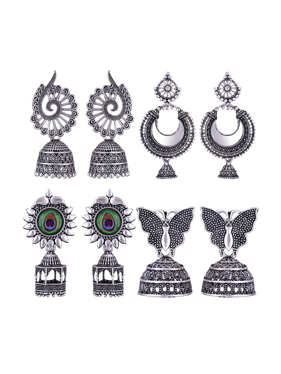 

MEENAZ Set Of 4 Silver-Plated Stainless Steel Peacock Shaped Enamelled Jhumkas