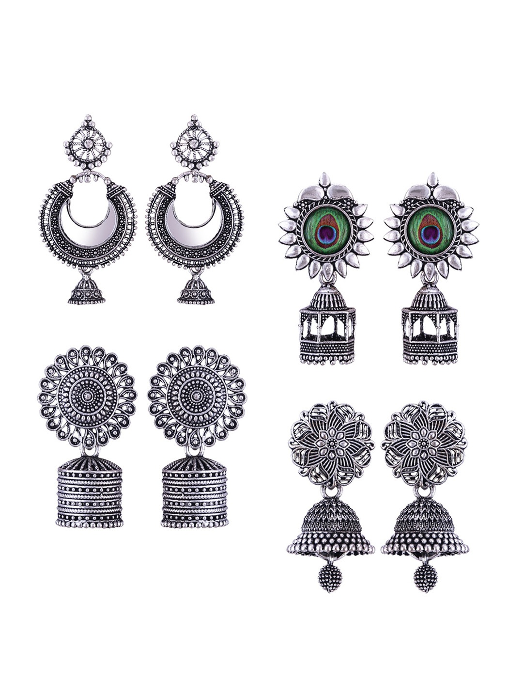 

MEENAZ Set Of 4 Silver Plated Peacock Shaped Jhumkas Earrings