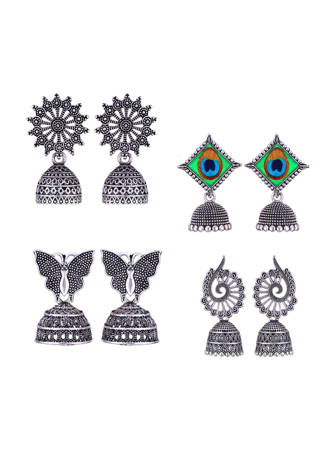 

MEENAZ Set Of 4 Silver Plated Peacock Shaped Jhumkas Earrings