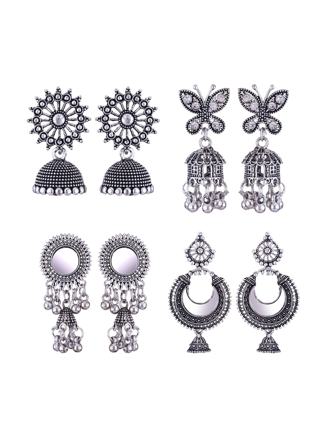 

MEENAZ Set Of 4 Silver Plated Peacock Shaped Jhumkas