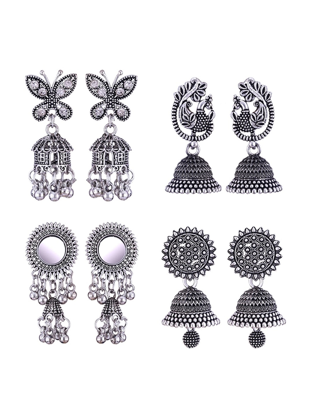 

MEENAZ Set Of 4 Silver-Plated Oxidised Jhumkas