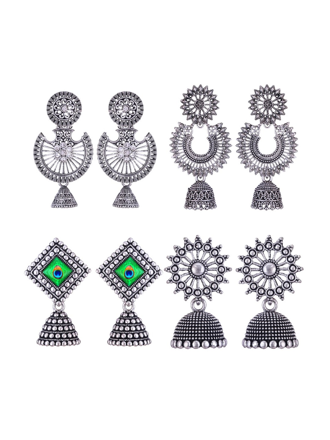 

MEENAZ Set Of 4 Silver-Plated Stainless Steel Peacock Shaped Jhumkas