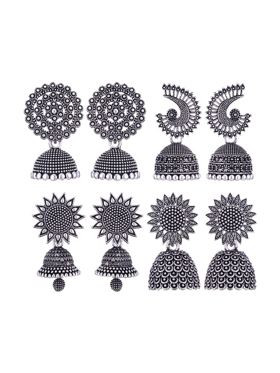 

MEENAZ Set Of 4 Silver-Plated Stainless Steel Peacock Shaped Jhumkas