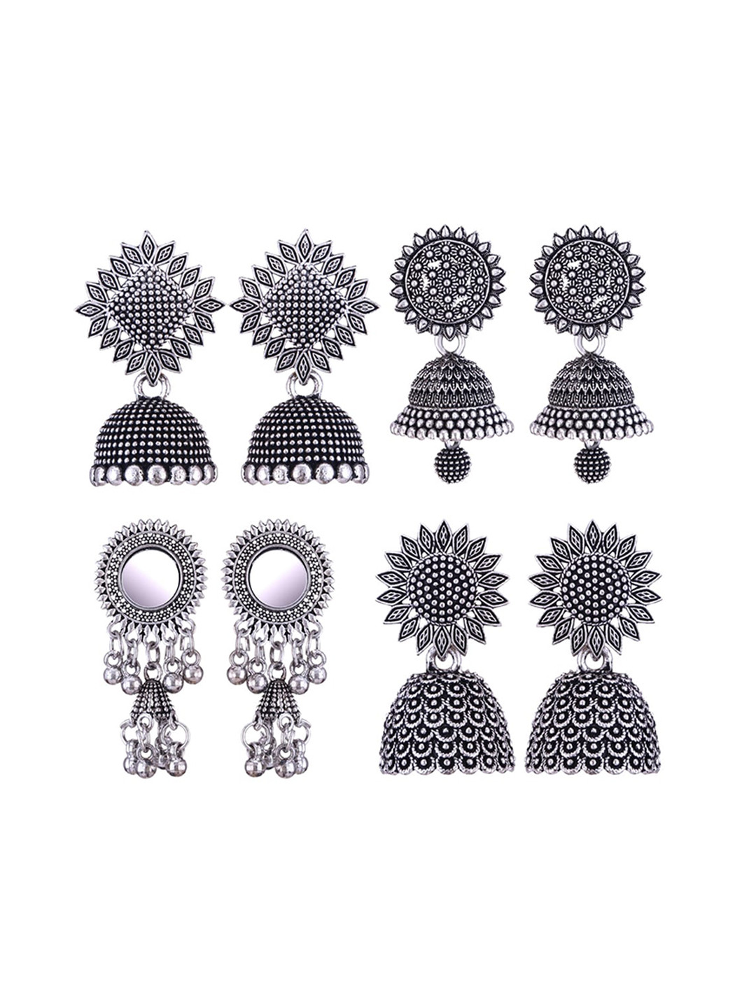 

MEENAZ Set Of 4 Silver-Plated Stainless Steel Peacock Shaped Jhumkas