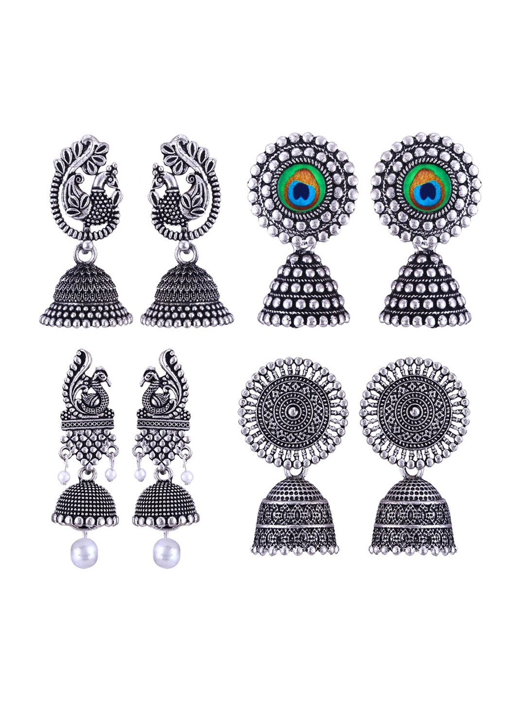 

MEENAZ Set Of 4 Silver-Plated Stainless Steel Peacock Shaped Jhumkas