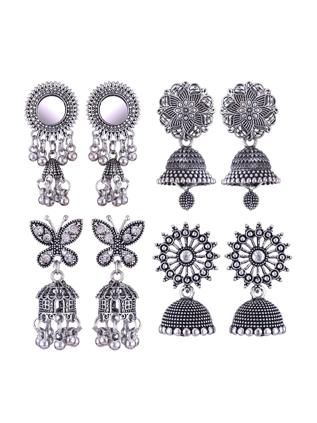 

MEENAZ Set Of 4 Silver-Plated Stainless Steel Peacock Shaped Jhumkas