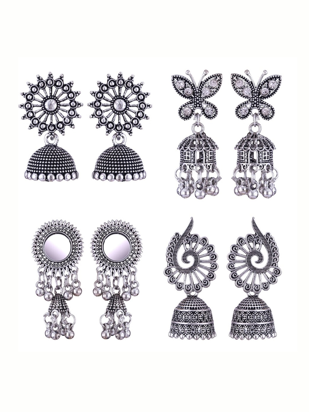 

MEENAZ Set Of 4 Silver-Plated Oxidised Peacock Shaped Jhumkas