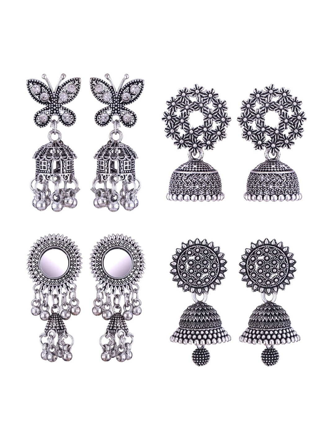

MEENAZ Set Of 4 Silver-Plated Oxidised Jhumkas