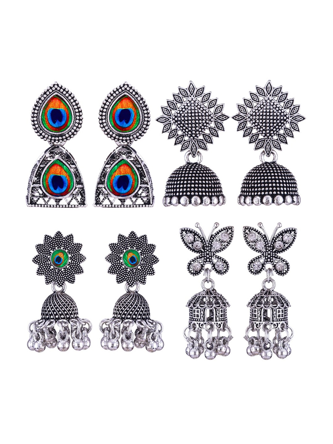 

MEENAZ Set Of 4 Silver-Plated Oxidised Jhumkas