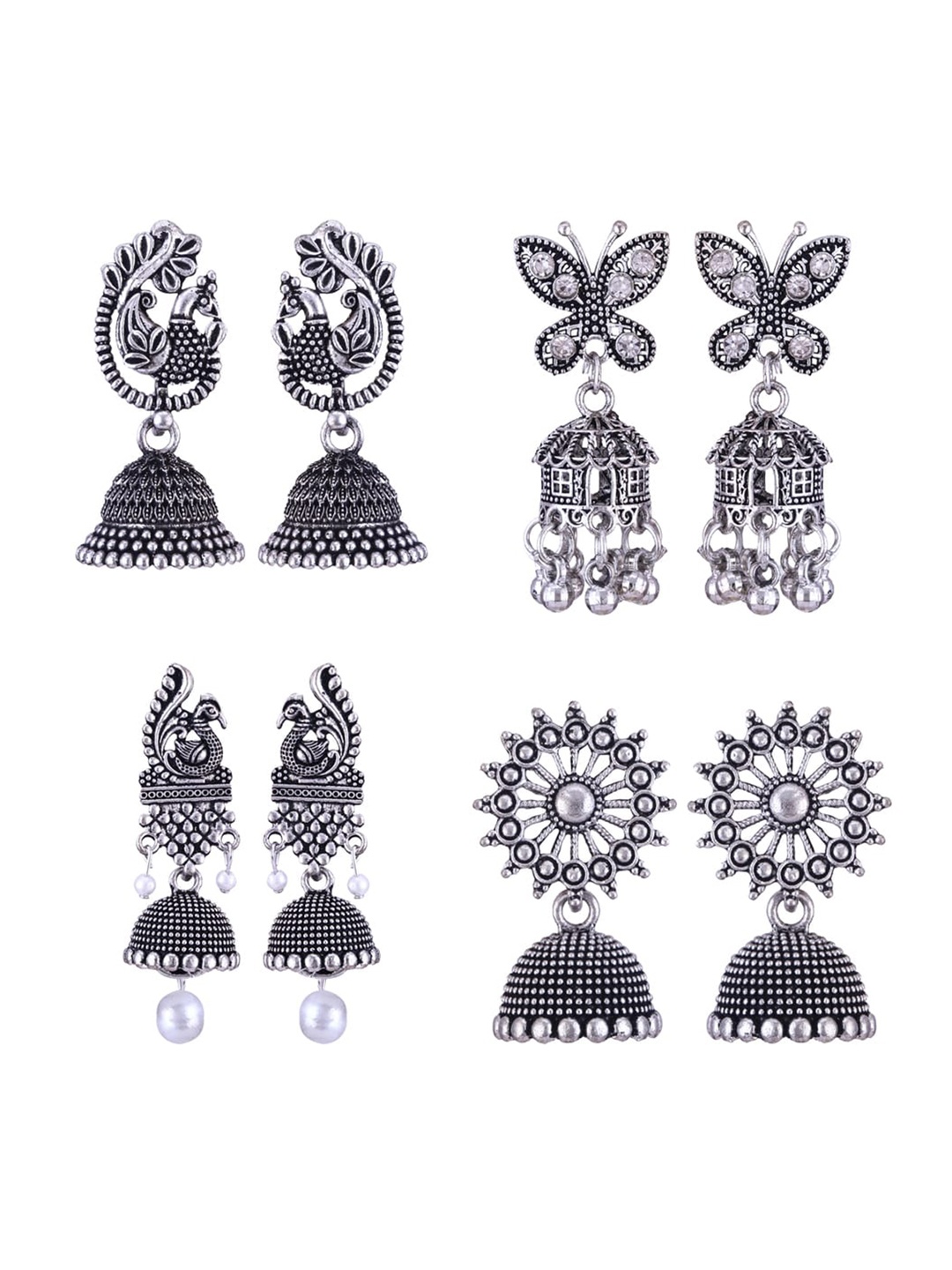 

MEENAZ Set Of 4 Silver-Plated Stainless Steel Studded & Beaded Peacock Shaped Jhumkas