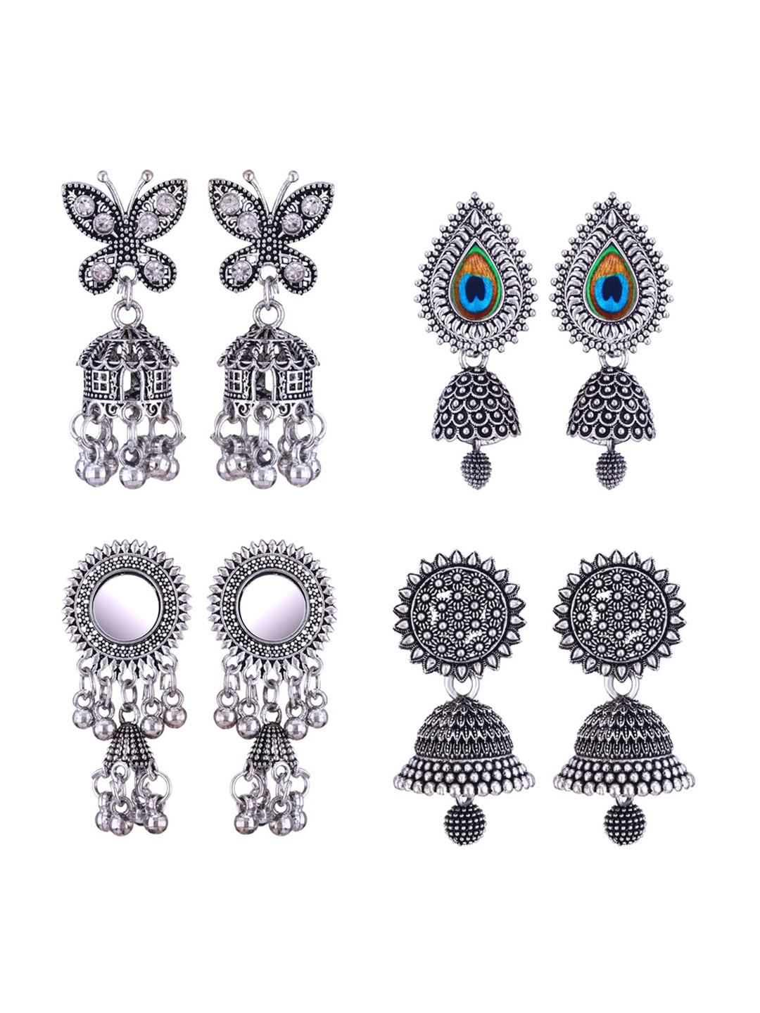 

MEENAZ Set Of 4 Silver-Plated Stainless Steel Studded & Beaded Peacock Shaped Jhumkas