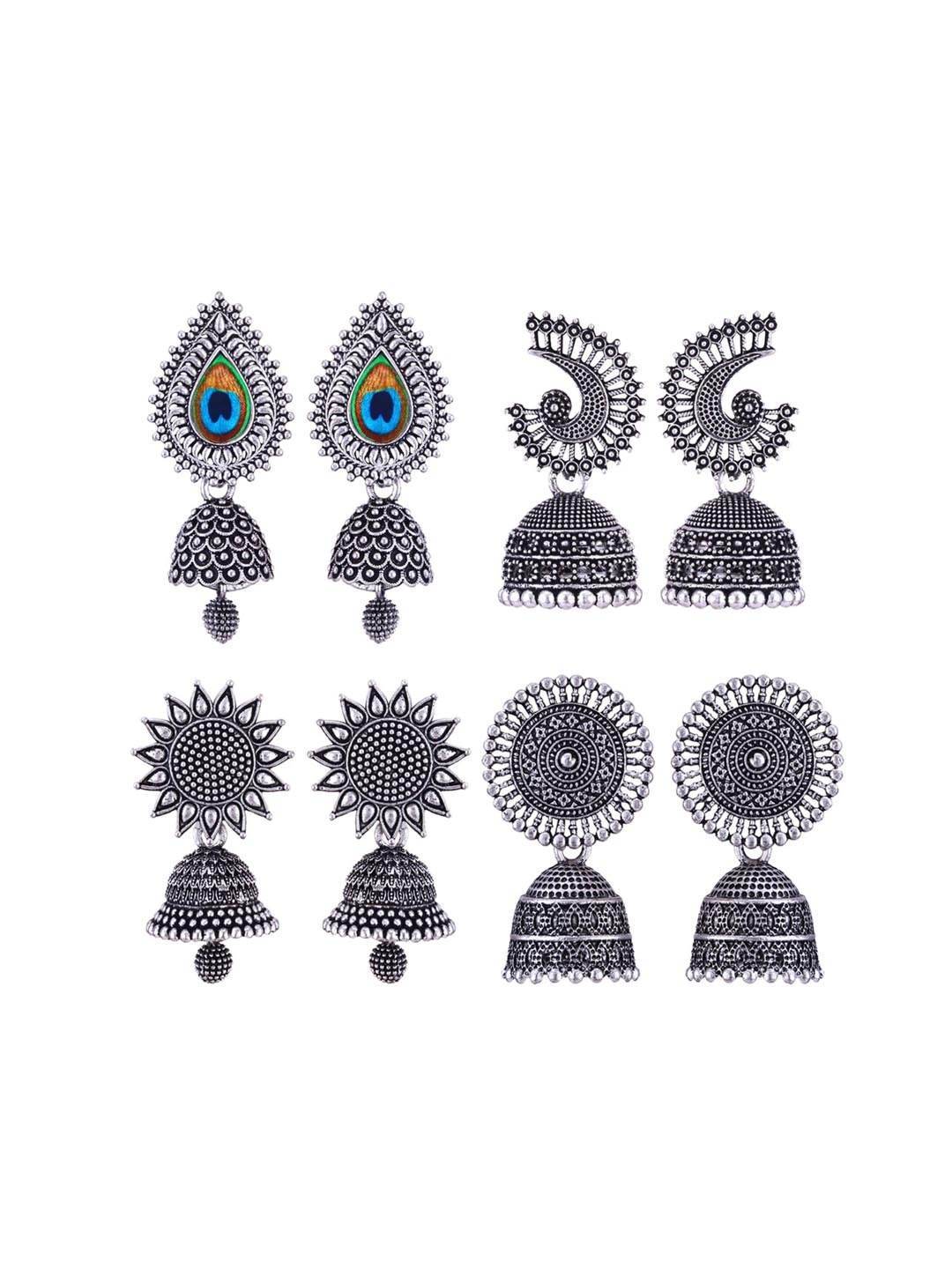 

MEENAZ Set Of 4 Silver-Plated Stainless Steel Studded & Beaded Peacock Shaped Jhumkas