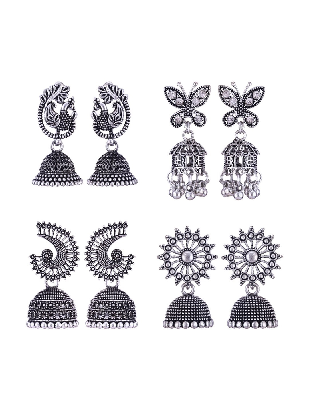 

MEENAZ Set Of 4 Silver-Plated Stainless Steel Studded & Beaded Peacock Shaped Jhumkas