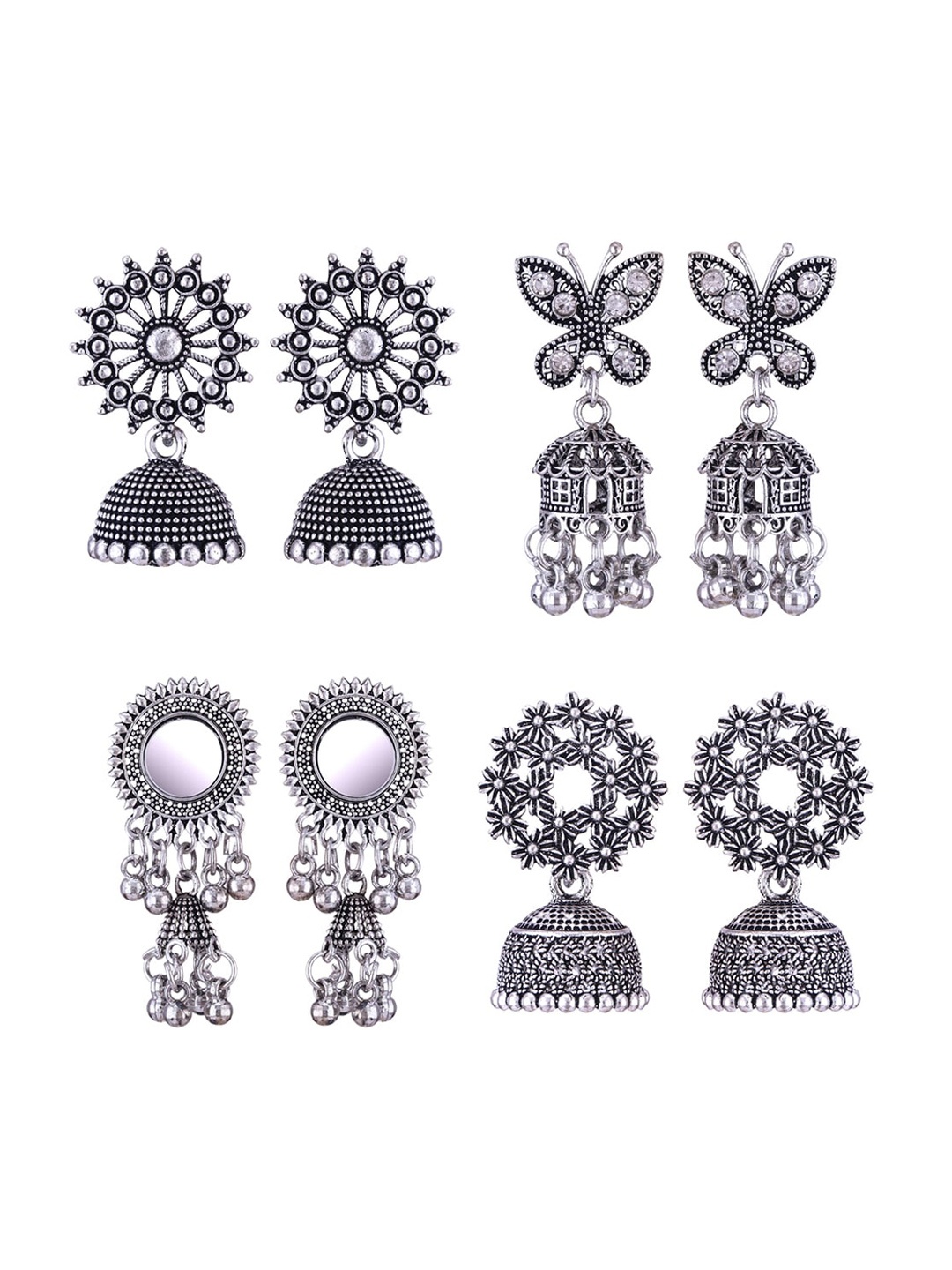 

MEENAZ Set Of 4 Stone-Studded Dome-Shaped Silver-Plated Jhumkas