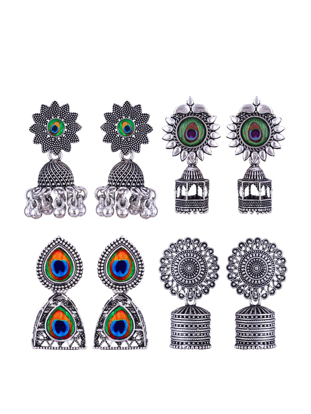 

MEENAZ Set Of 4 Dome-Shaped Silver-Plated Jhumkas