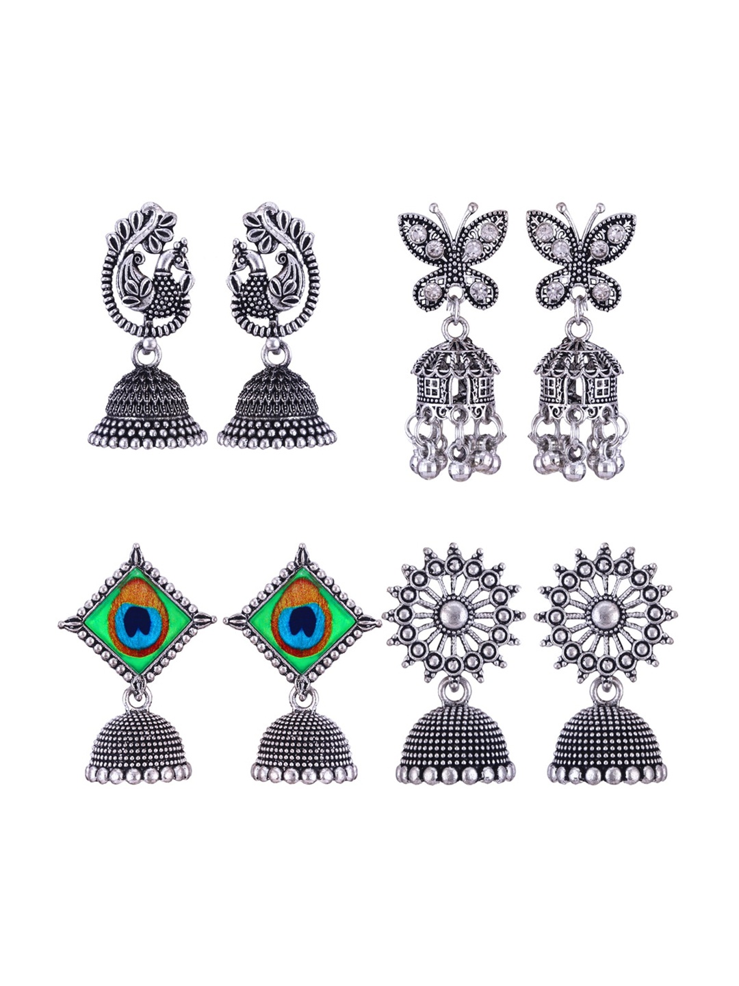 

MEENAZ Set Of 4 Peacock Shaped Oxidised Classic Jhumkas Earrings, Silver