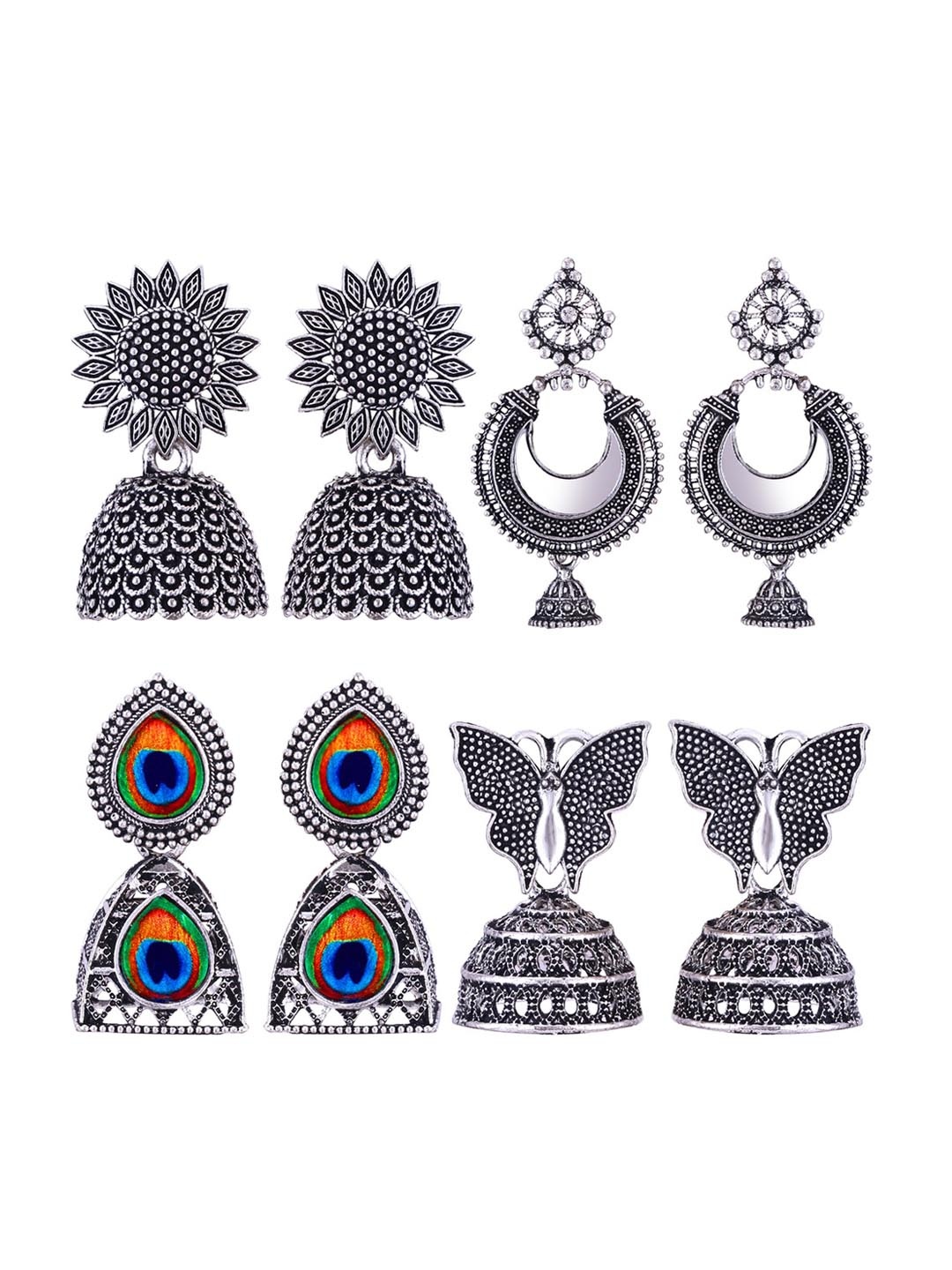 

MEENAZ Set Of 4 Peacock Shaped Oxidised Classic Jhumkas Earrings, Silver
