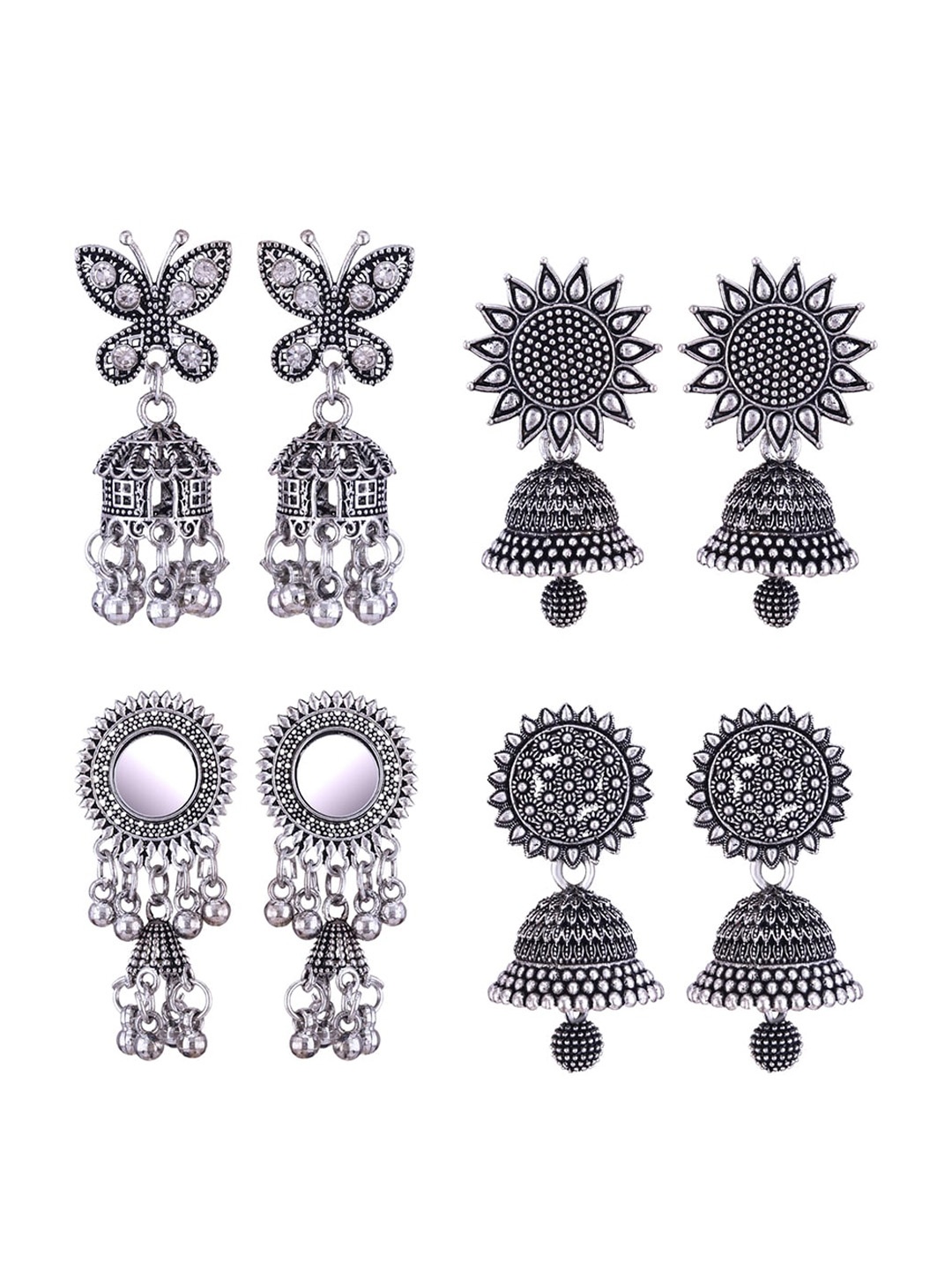 

MEENAZ Set Of 4 Peacock Shaped Silver-Plated Jhumkas