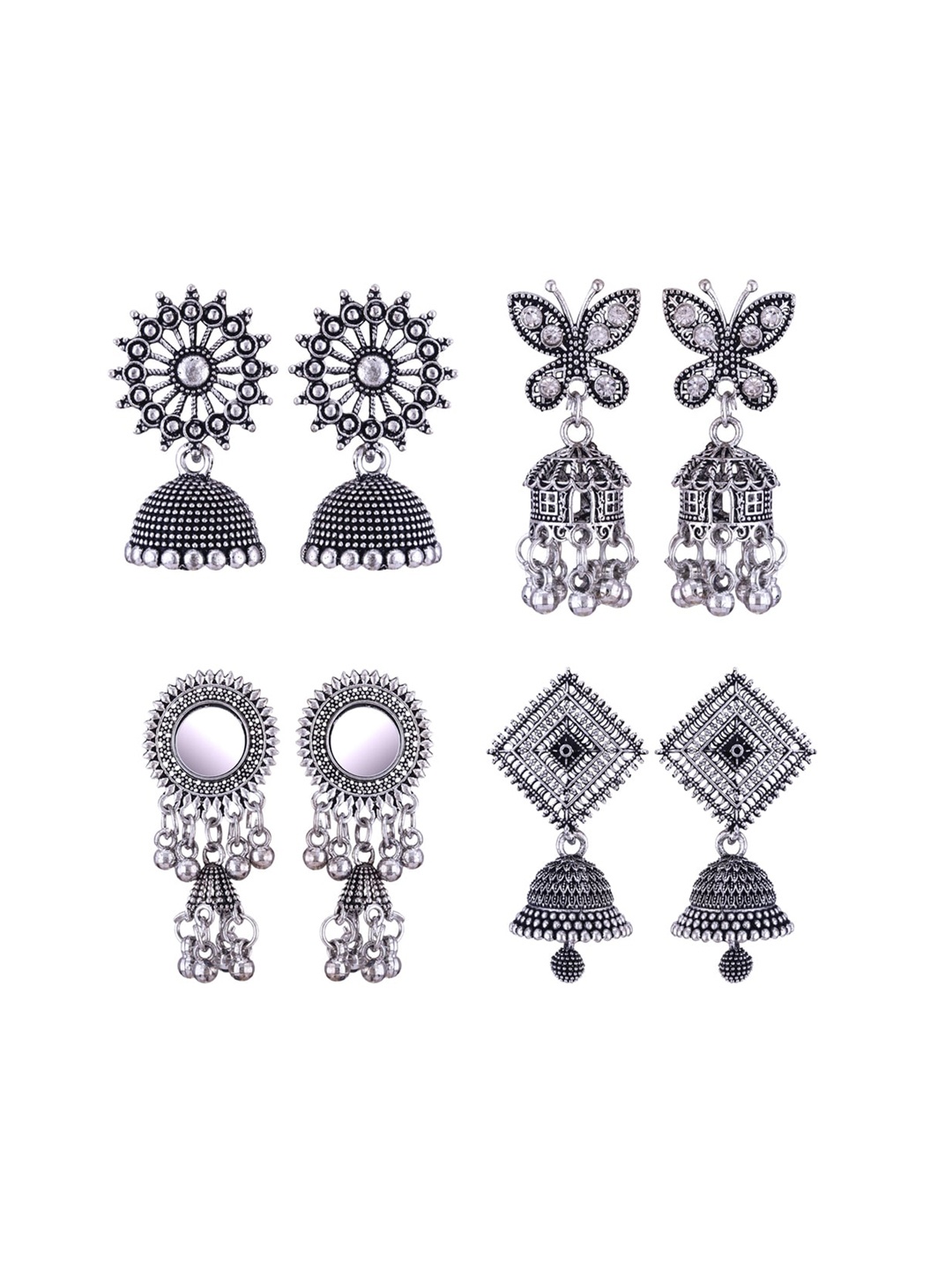 

MEENAZ Set Of 4 Peacock Shaped Silver-Plated Jhumkas