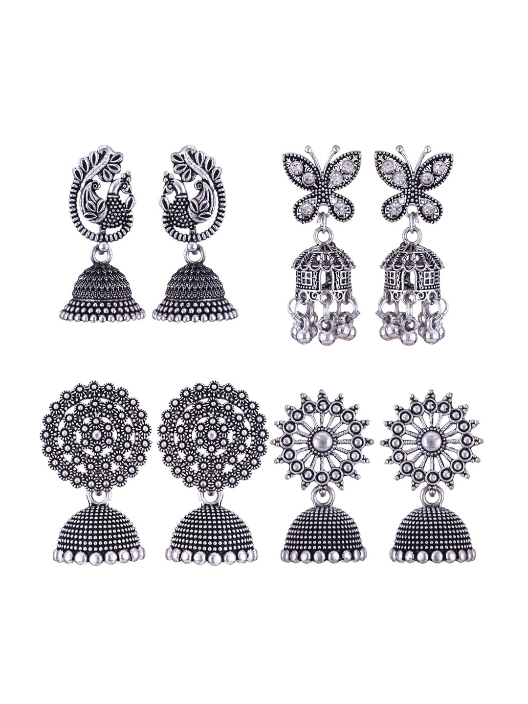 

MEENAZ Set Of 4 Silver Plated Stone Studded & Beaded Oxidised Peacock Shaped Jhumkas