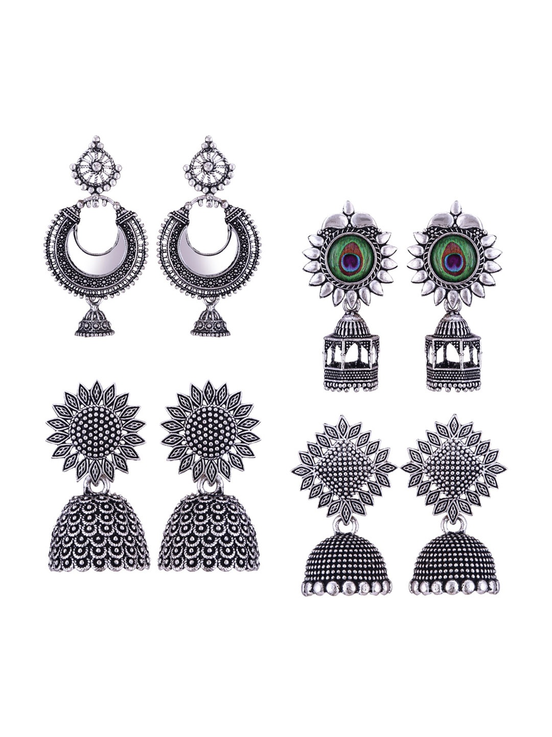 

MEENAZ Set Of 4 Silver Plated Stone Studded & Beaded Oxidised Peacock Shaped Jhumkas