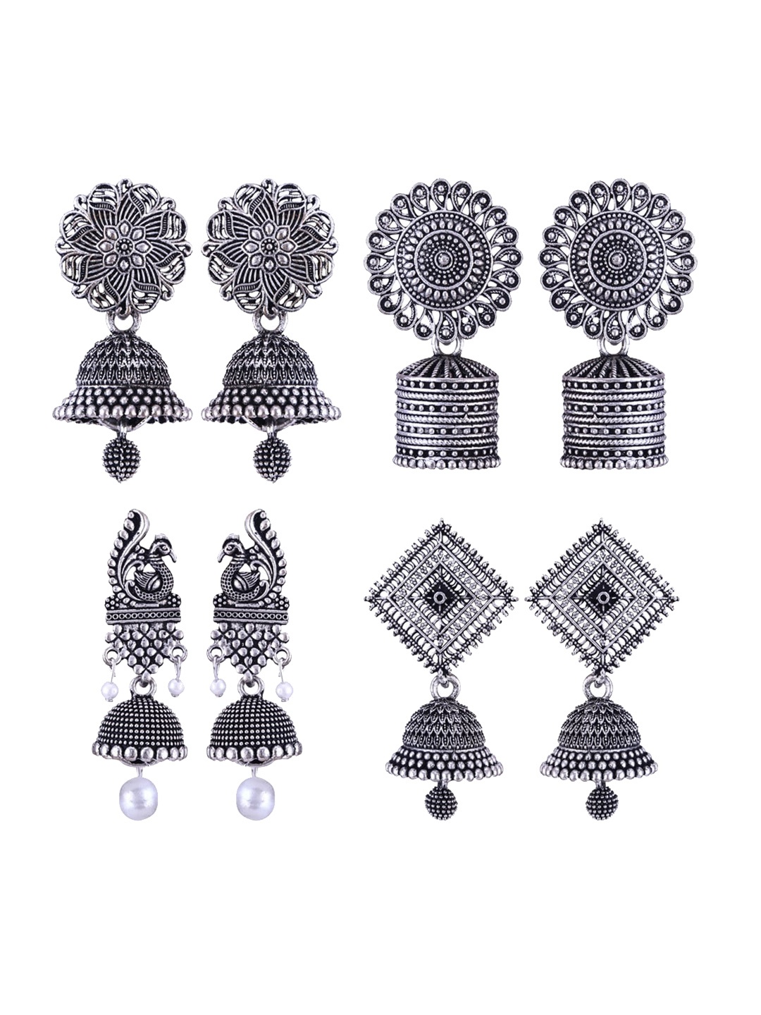 

MEENAZ Set Of 4 Peacock Shaped Silver-Plated Jhumkas