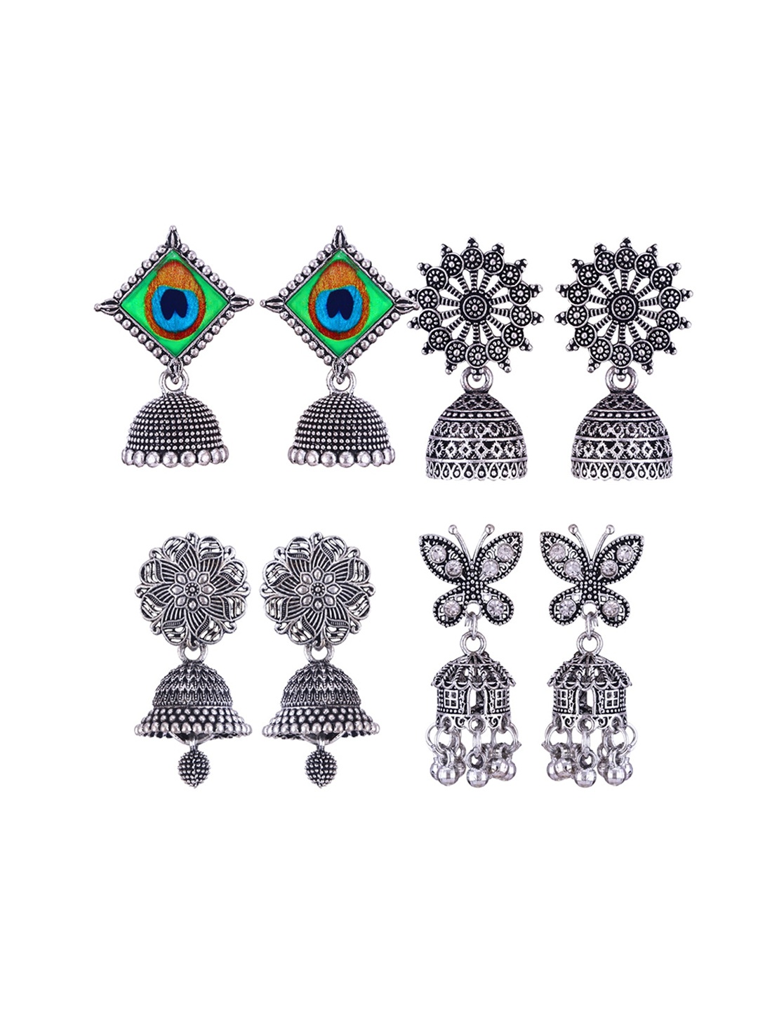 

MEENAZ Set Of 4 Silver Plated Stone Studded & Beaded Oxidised Peacock Shaped Jhumkas