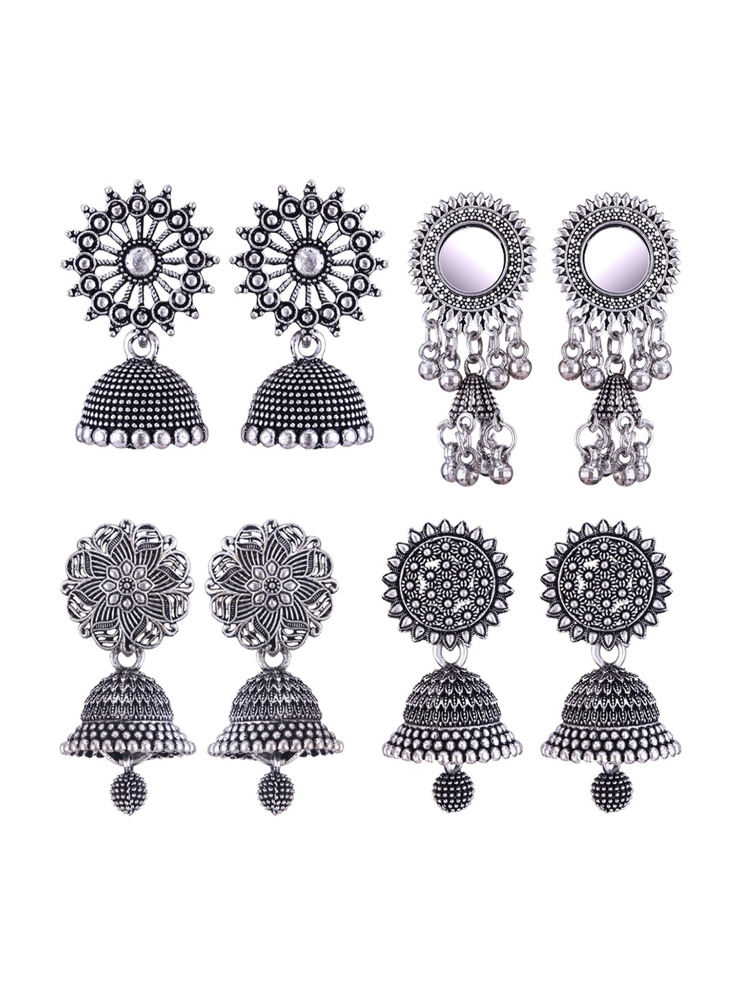 

MEENAZ Set Of 4 Silver Plated Stone Studded & Beaded Oxidised Peacock Shaped Jhumkas