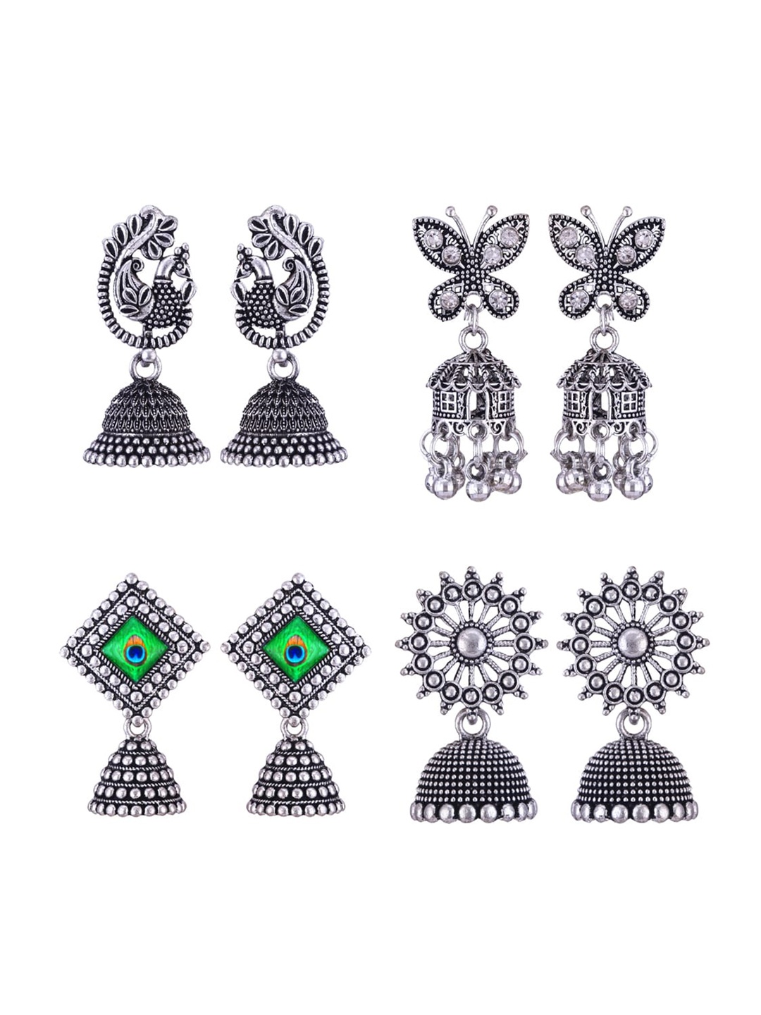 

MEENAZ Set Of 4 Silver Plated Stainless Steel Jhumkas