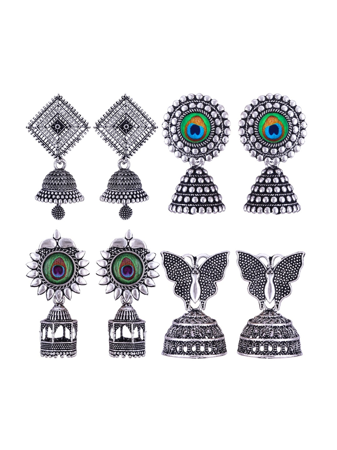 

MEENAZ Set Of 4 Silver Plated Stainless Steel Jhumkas