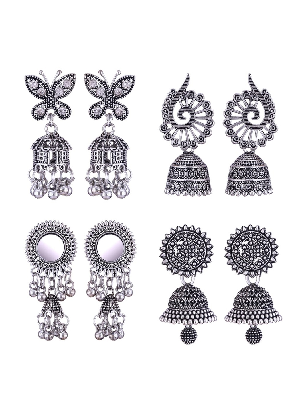 

MEENAZ Set Of 4 Silver-Plated Peacock Shaped Jhumkas