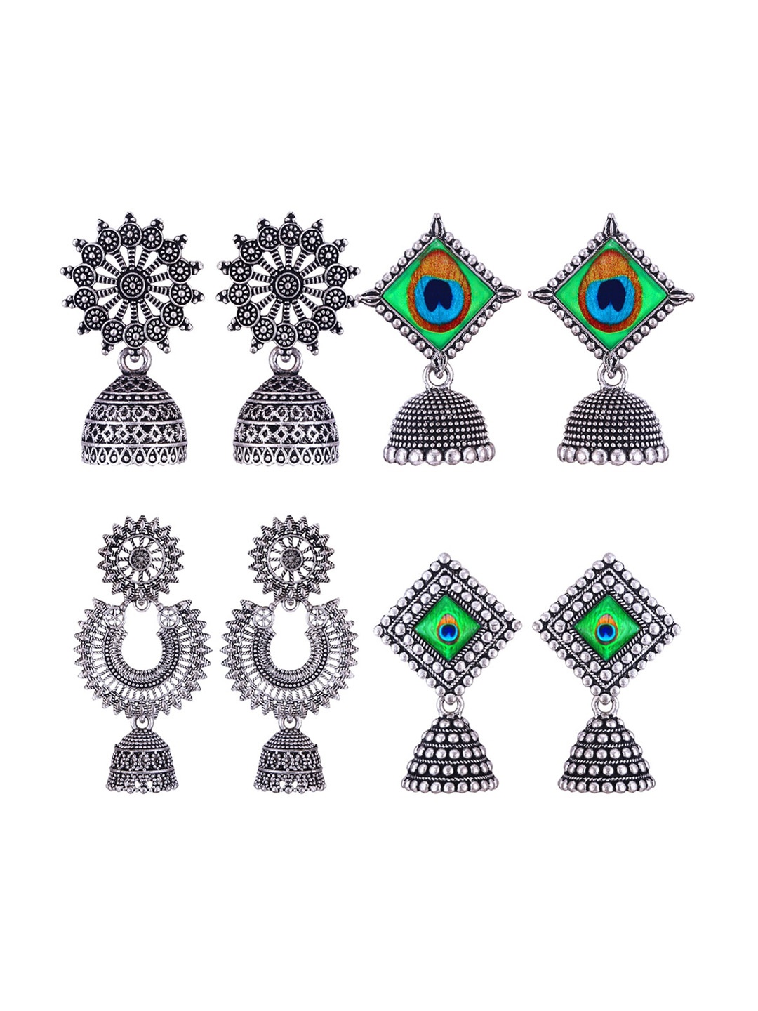 

MEENAZ Set Of 4 Silver-Plated Peacock Shaped Jhumkas
