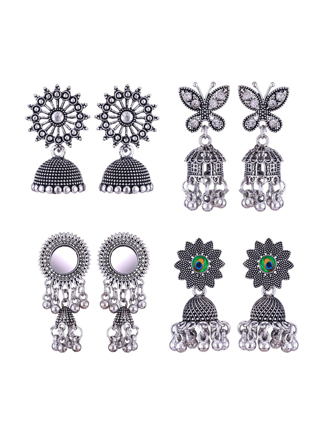 

MEENAZ Set Of 4 Silver-Plated Peacock Shaped Jhumkas