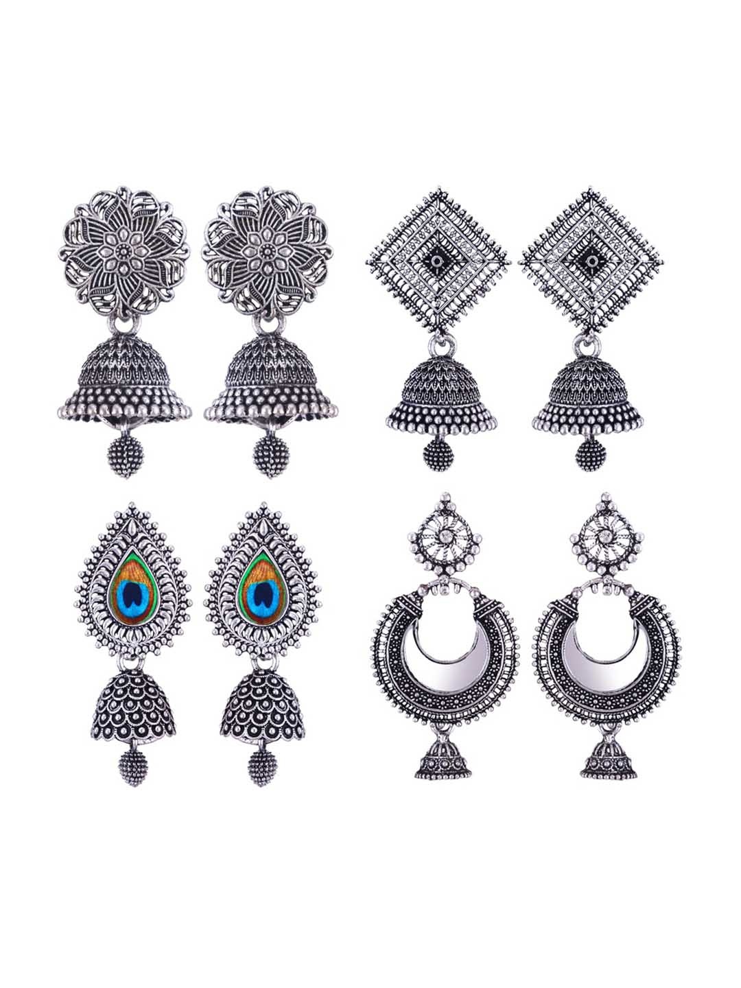 

MEENAZ Set Of 4 Silver Plated Stainless Steel Jhumkas