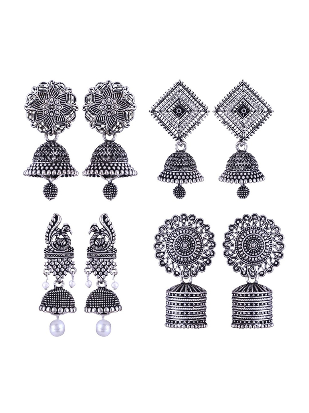 

MEENAZ Set Of 4 Silver Plated Beaded Oxidised Dome Shaped Stainless Steel Jhumkas