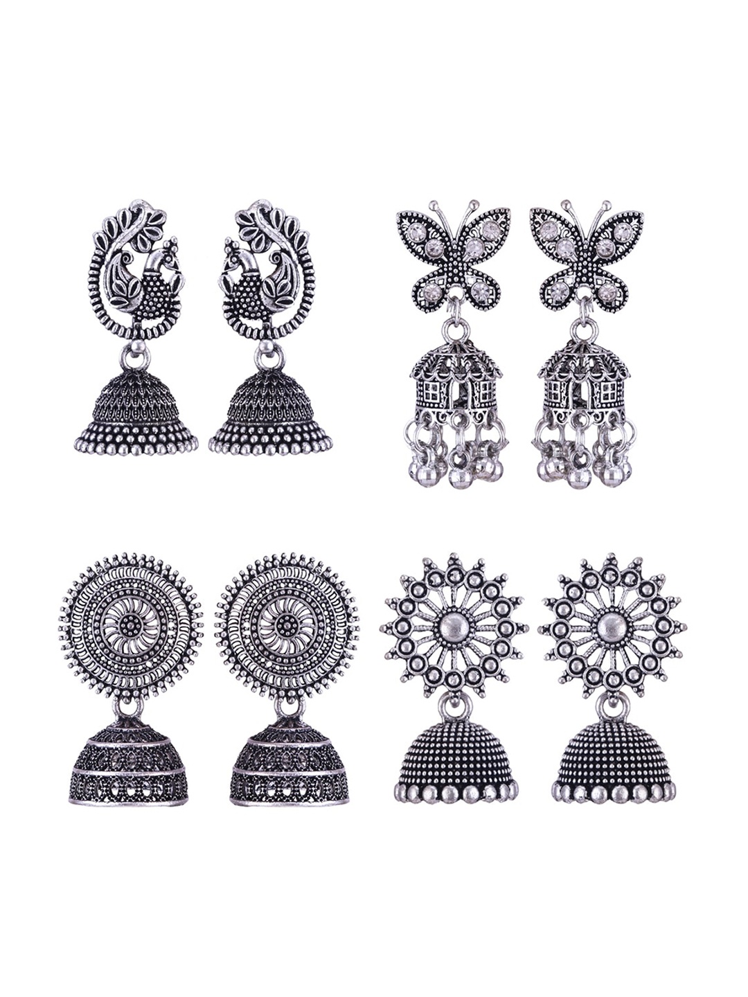 

MEENAZ Set Of 4 Silver-Plated Dome Shaped Jhumkas