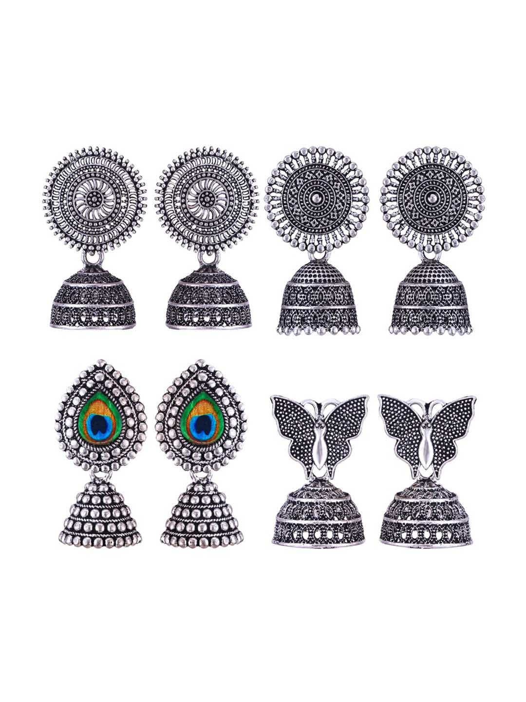 

MEENAZ Set Of 4 Silver Plated Oxidised Dome Shaped Stainless Steel Jhumkas
