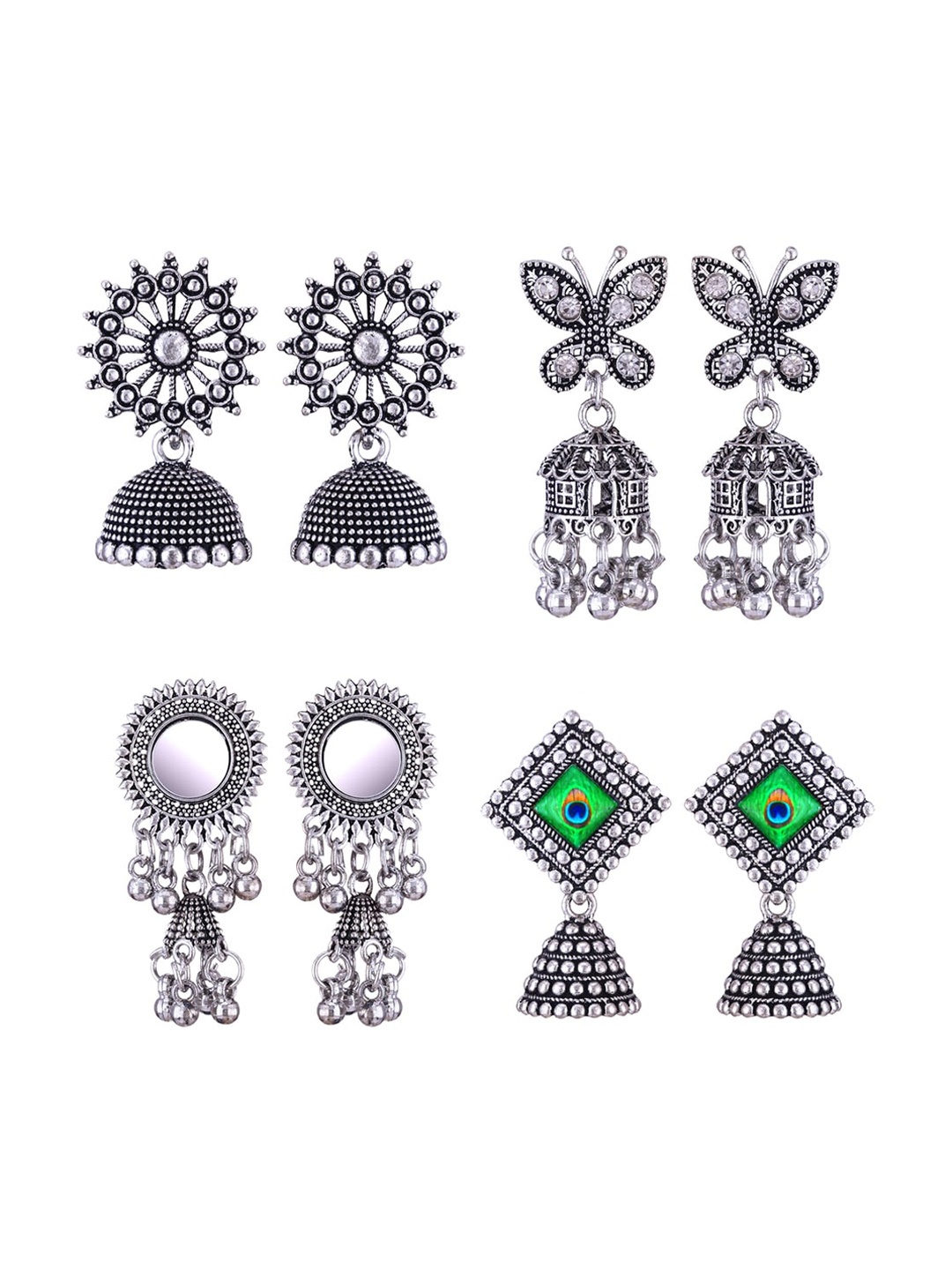 

MEENAZ Set Of 4 Silver Plated Stone Studded Oxidised Dome Shaped Stainless Steel Jhumkas