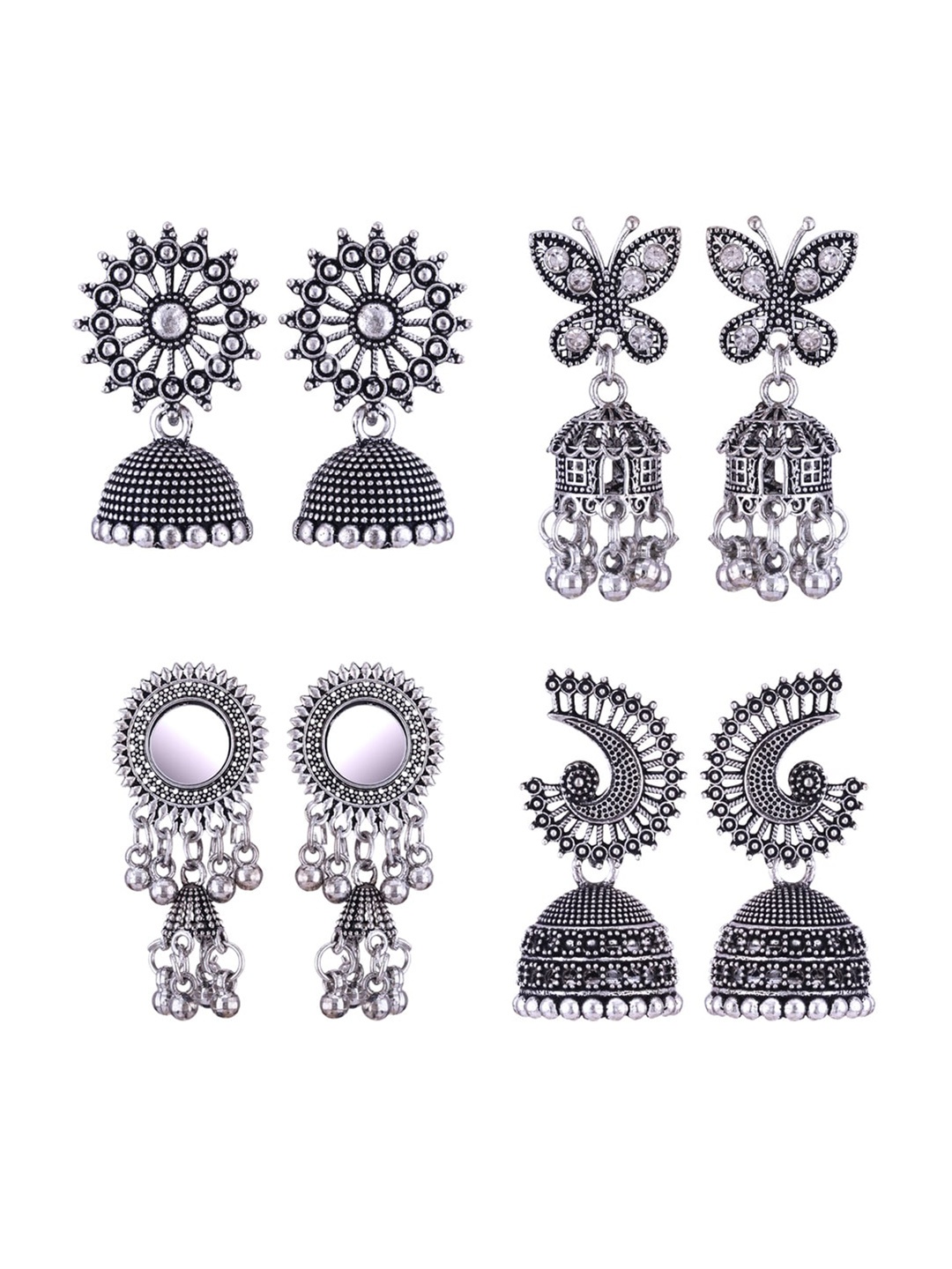

MEENAZ Set Of 4 Silver Plated Stone Studded Oxidised Dome Shaped Stainless Steel Jhumkas
