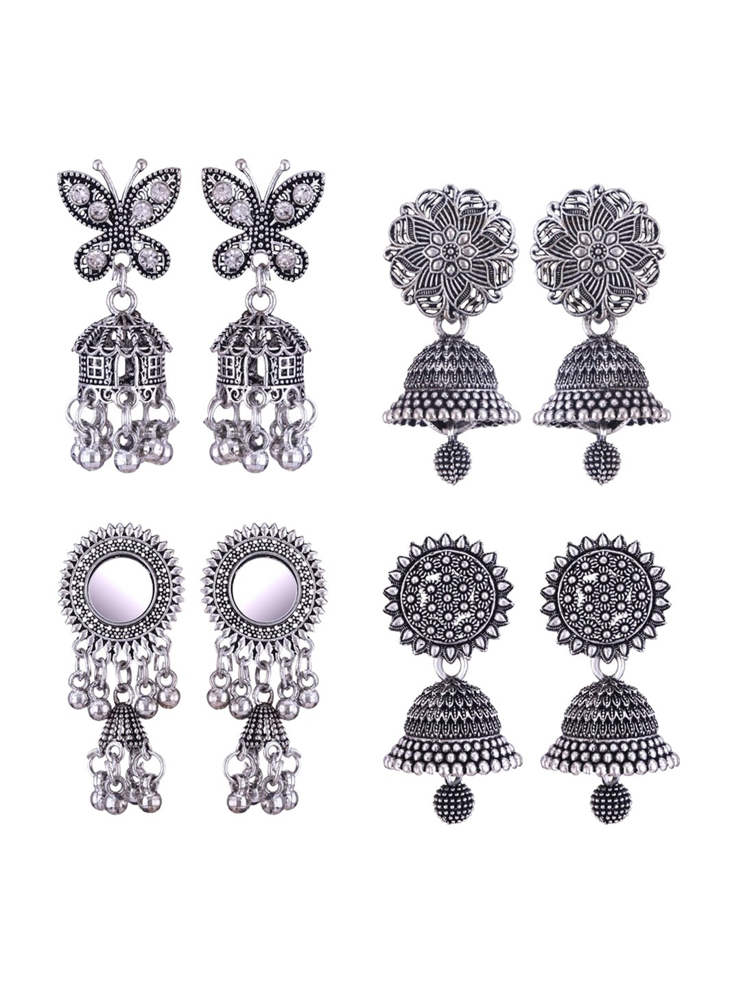 

MEENAZ Set Of 4 Silver-Plated Stone-Studded & Beaded Stainless Steel Oxidised Jhumkas