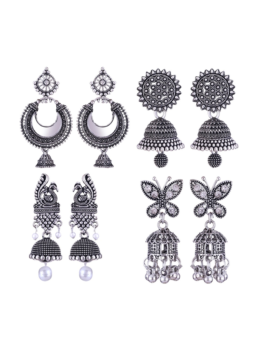 

MEENAZ Set Of 4 Silver-Plated Stone-Studded & Beaded Stainless Steel Oxidised Jhumkas