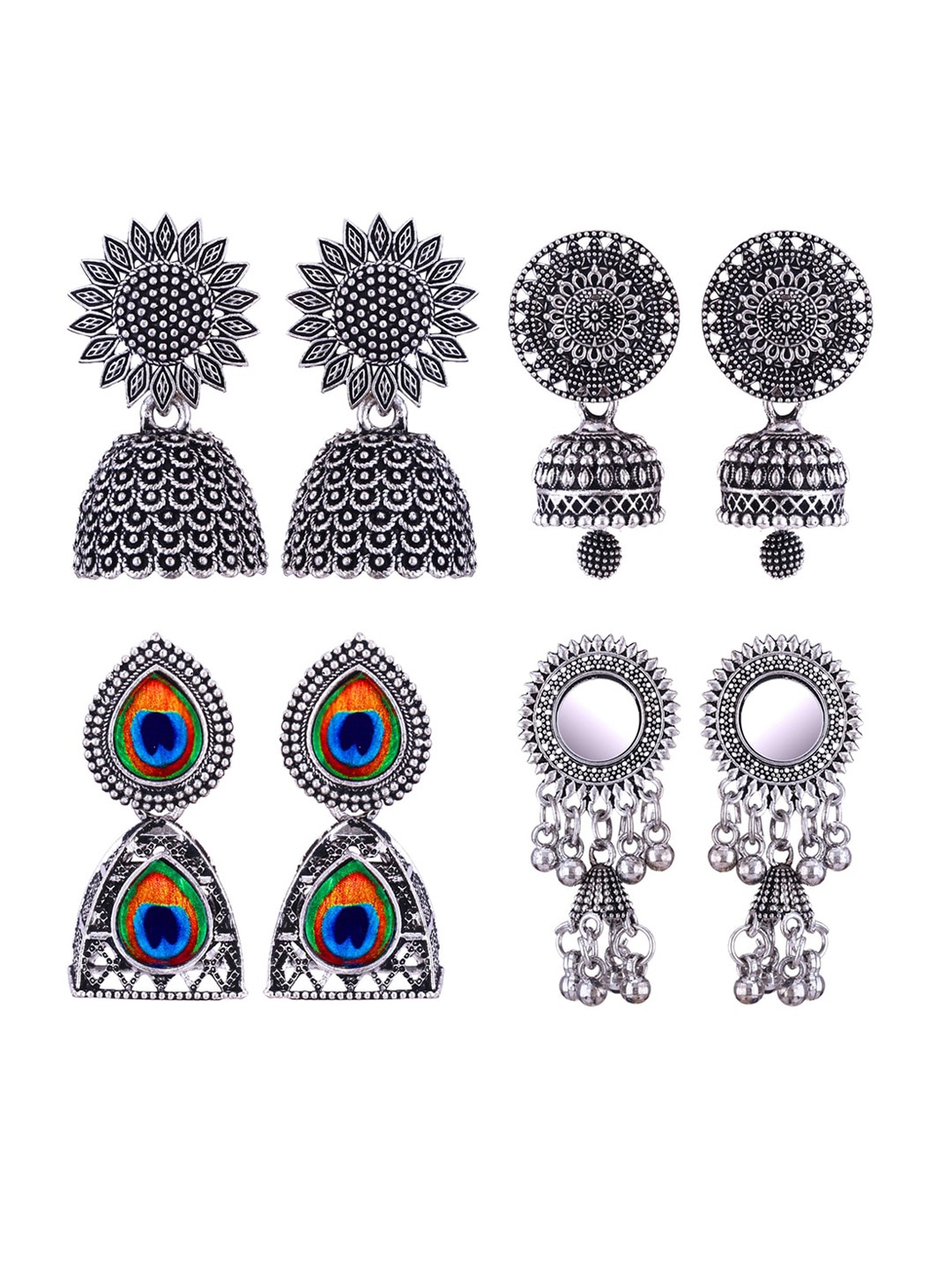 

MEENAZ Set Of 4 Silver-Plated Stone-Studded & Beaded Stainless Steel Oxidised Jhumkas