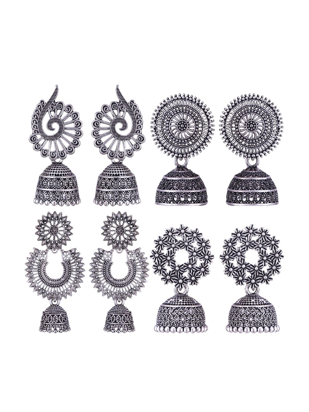 

MEENAZ Set Of 4 Silver-Plated Dome Shaped Jhumkas