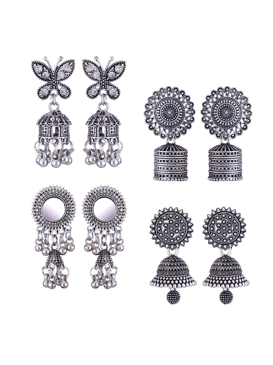 

MEENAZ Set Of 4 Stainless Steel Silver Plated Artificial Stones and Beads Studded Earrings