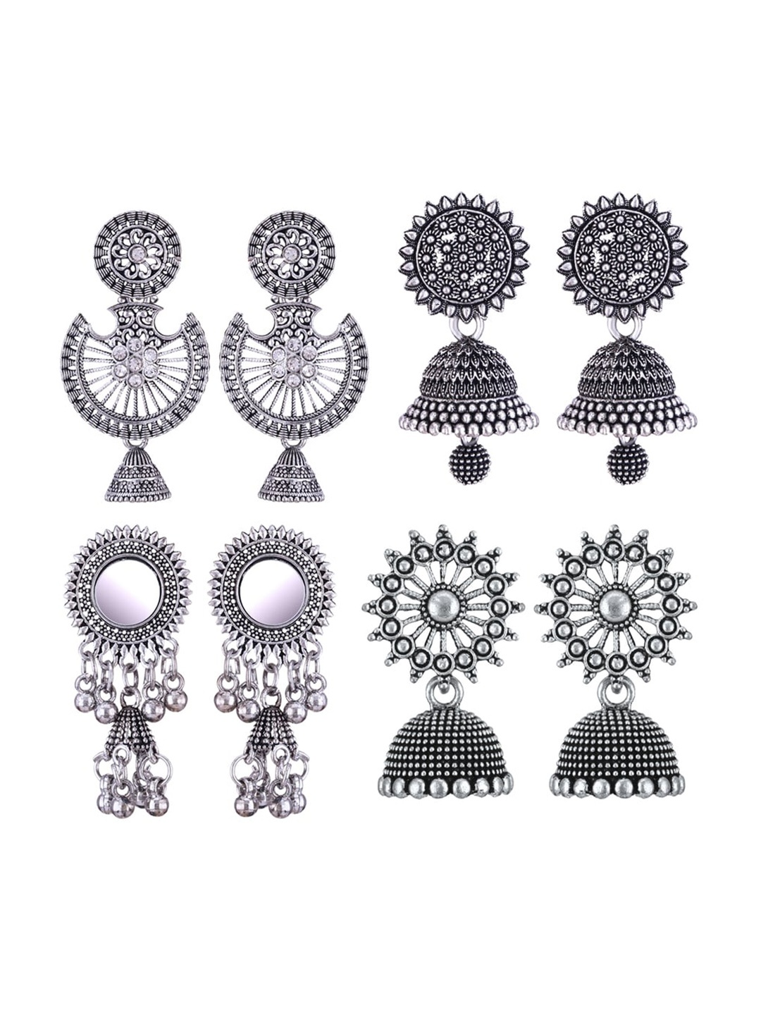 

MEENAZ Set Of 4 Silver-Plated Stone-Studded & Beaded Stainless Steel Oxidised Jhumkas